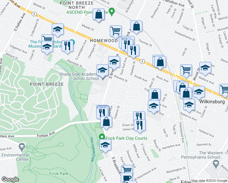 map of restaurants, bars, coffee shops, grocery stores, and more near 7612 Edgerton Avenue in Pittsburgh