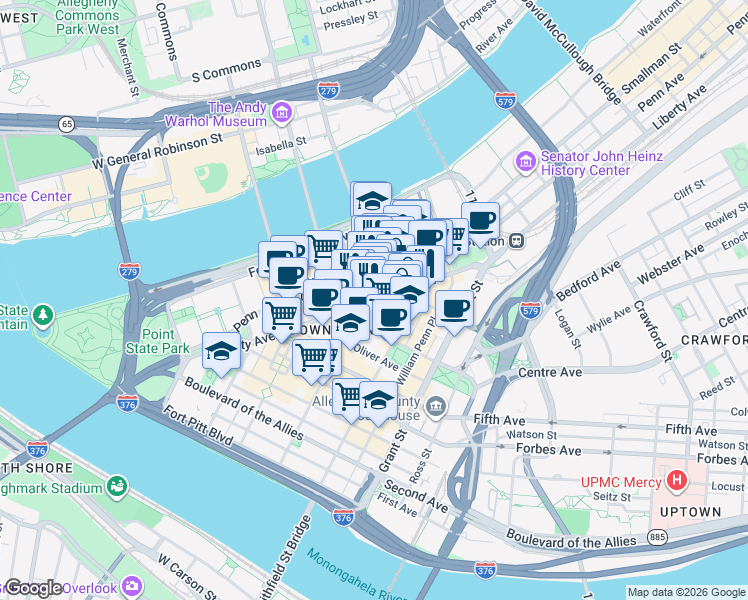 map of restaurants, bars, coffee shops, grocery stores, and more near in Pittsburgh