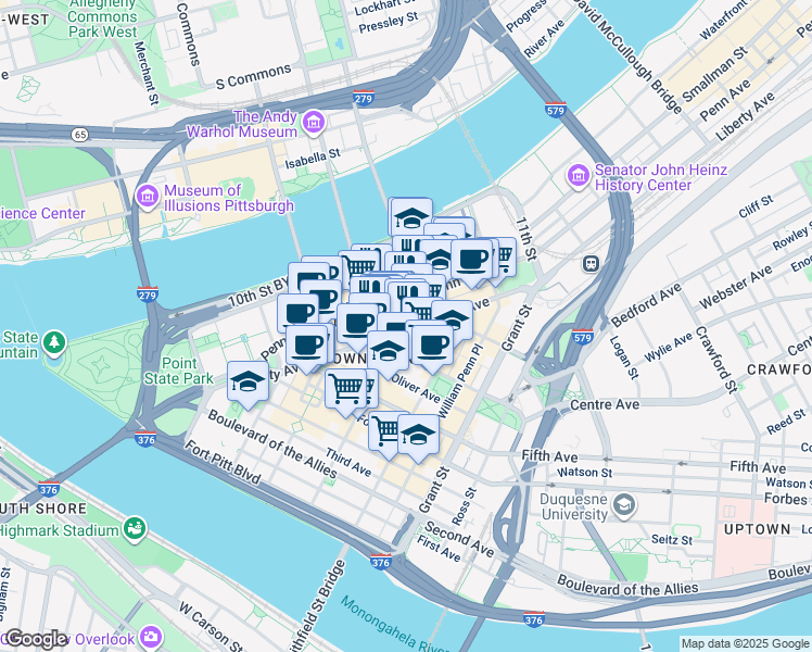 map of restaurants, bars, coffee shops, grocery stores, and more near 680 Liberty Avenue in Pittsburgh