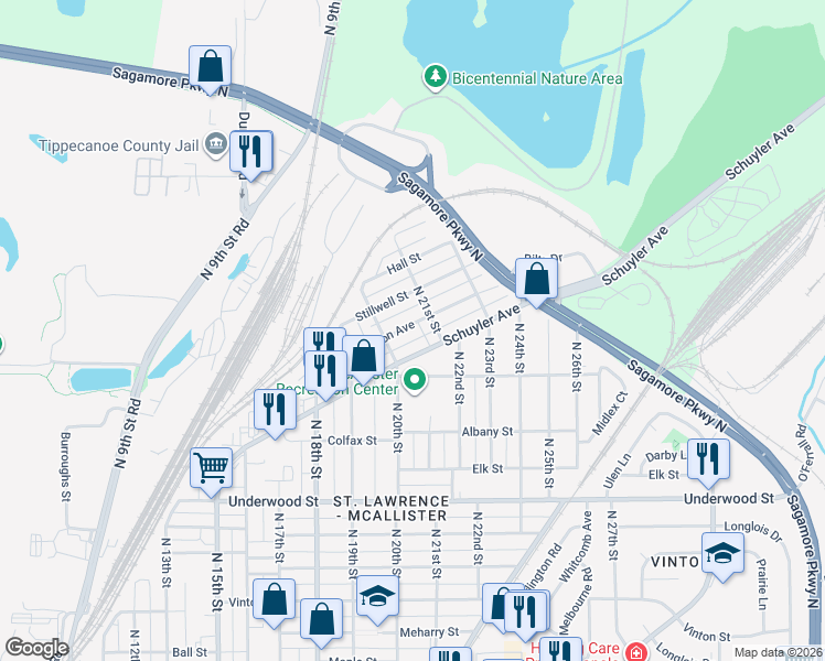 map of restaurants, bars, coffee shops, grocery stores, and more near 2026 Monon Avenue in Lafayette