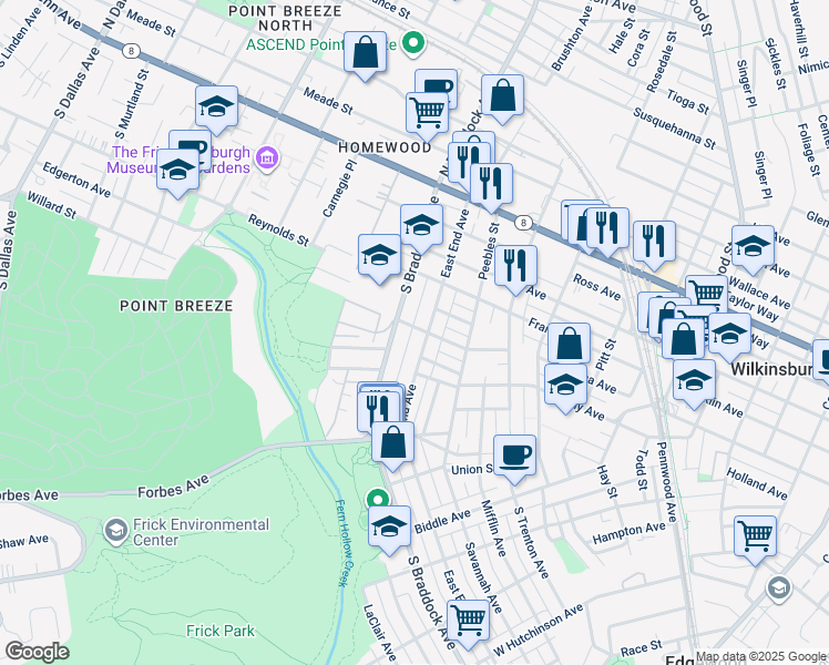 map of restaurants, bars, coffee shops, grocery stores, and more near 7612 Edgerton Avenue in Pittsburgh
