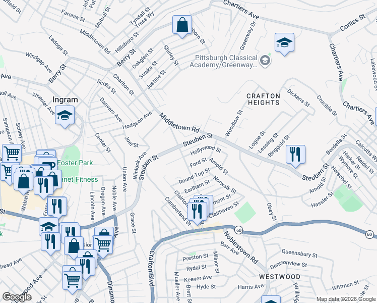 map of restaurants, bars, coffee shops, grocery stores, and more near 1242 Hollywood Street in Pittsburgh