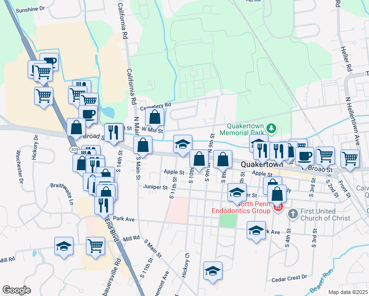 map of restaurants, bars, coffee shops, grocery stores, and more near 1013 West Broad Street in Quakertown