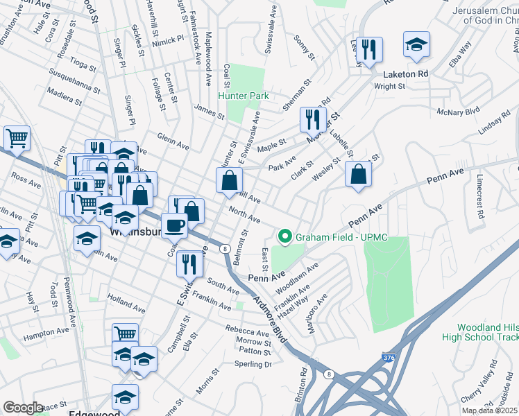 map of restaurants, bars, coffee shops, grocery stores, and more near 1212 Montier Street in Pittsburgh