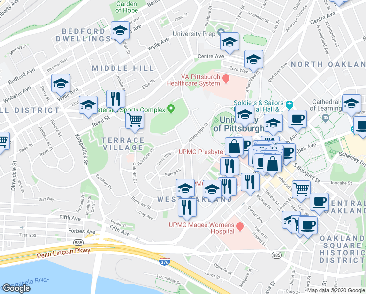 map of restaurants, bars, coffee shops, grocery stores, and more near Allequippa Street in Pittsburgh