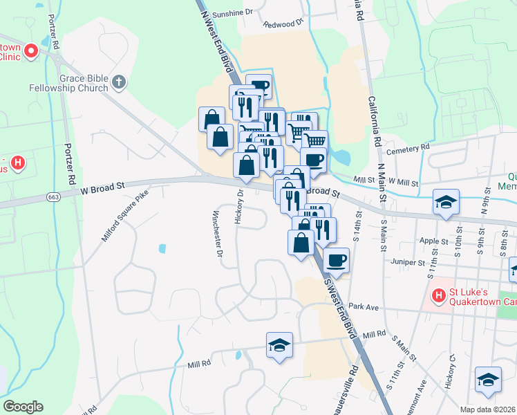 map of restaurants, bars, coffee shops, grocery stores, and more near 23 Kenwood Circle in Quakertown