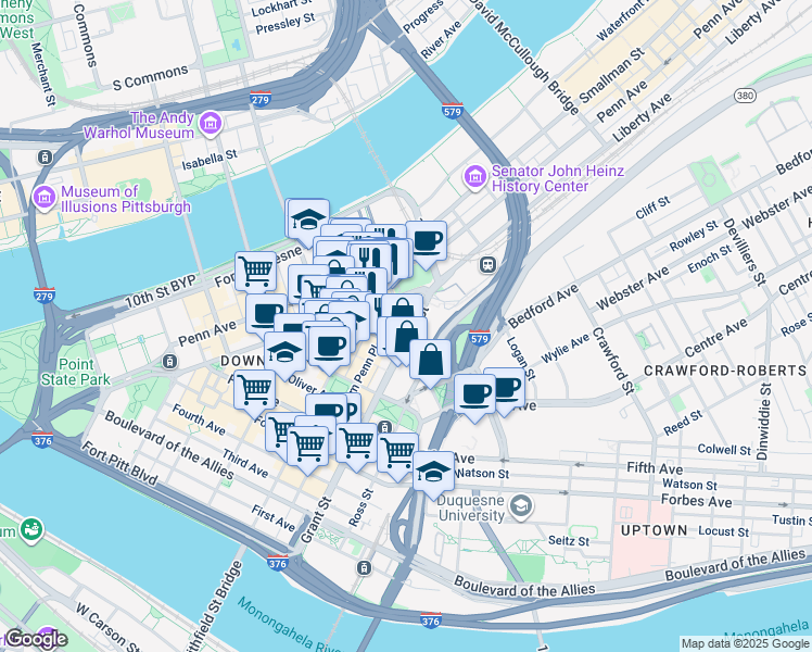 map of restaurants, bars, coffee shops, grocery stores, and more near 717 Grant Street in Pittsburgh