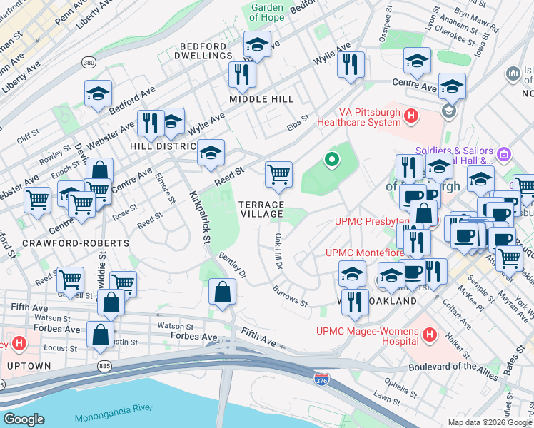 map of restaurants, bars, coffee shops, grocery stores, and more near 475 Garner Court in Pittsburgh