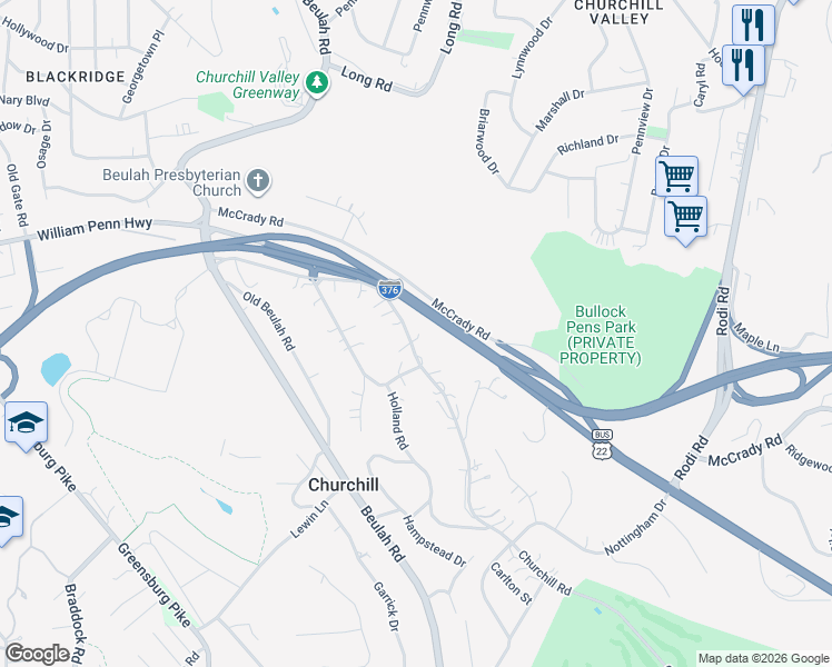 map of restaurants, bars, coffee shops, grocery stores, and more near 5 Churchill Road in Penn Hills