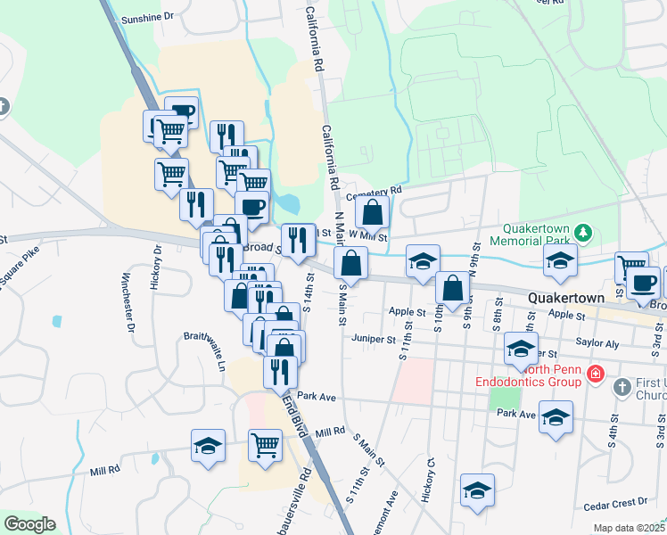 map of restaurants, bars, coffee shops, grocery stores, and more near 1317 West Broad Street in Quakertown