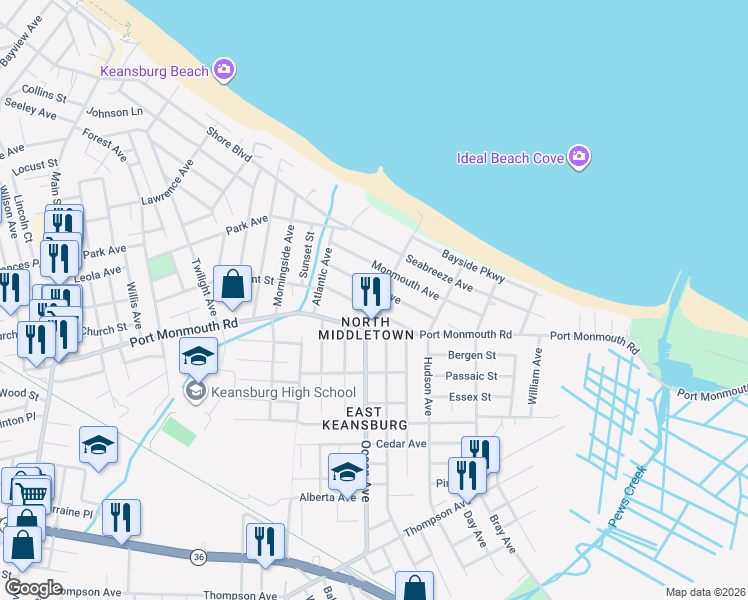 map of restaurants, bars, coffee shops, grocery stores, and more near 49 Ocean Avenue in North Middletown