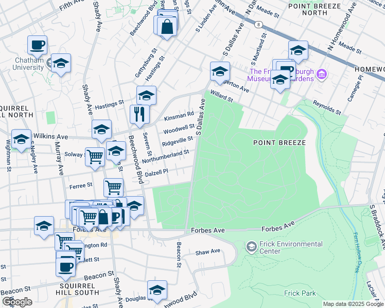 map of restaurants, bars, coffee shops, grocery stores, and more near 6662 Northumberland Street in Pittsburgh
