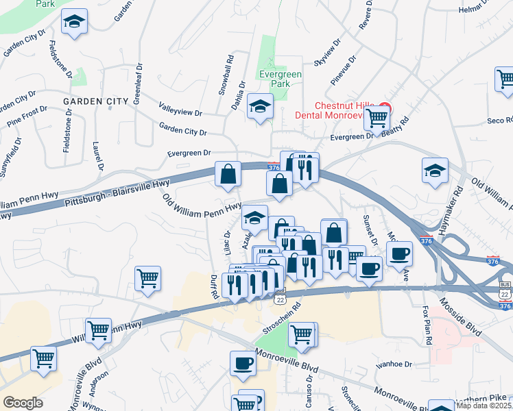 map of restaurants, bars, coffee shops, grocery stores, and more near 4352 Old William Penn Highway in Monroeville