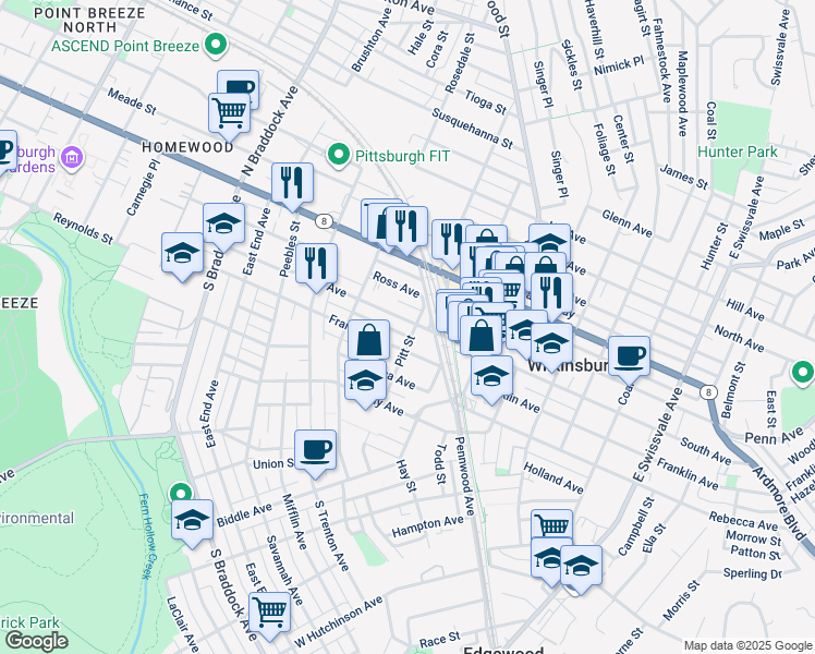 map of restaurants, bars, coffee shops, grocery stores, and more near 444 South Avenue in Pittsburgh