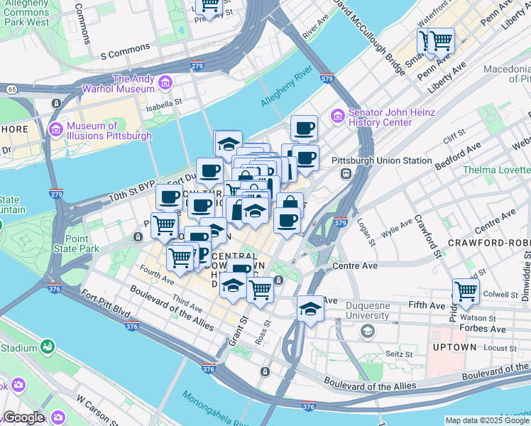 map of restaurants, bars, coffee shops, grocery stores, and more near 411 Seventh Avenue in Pittsburgh