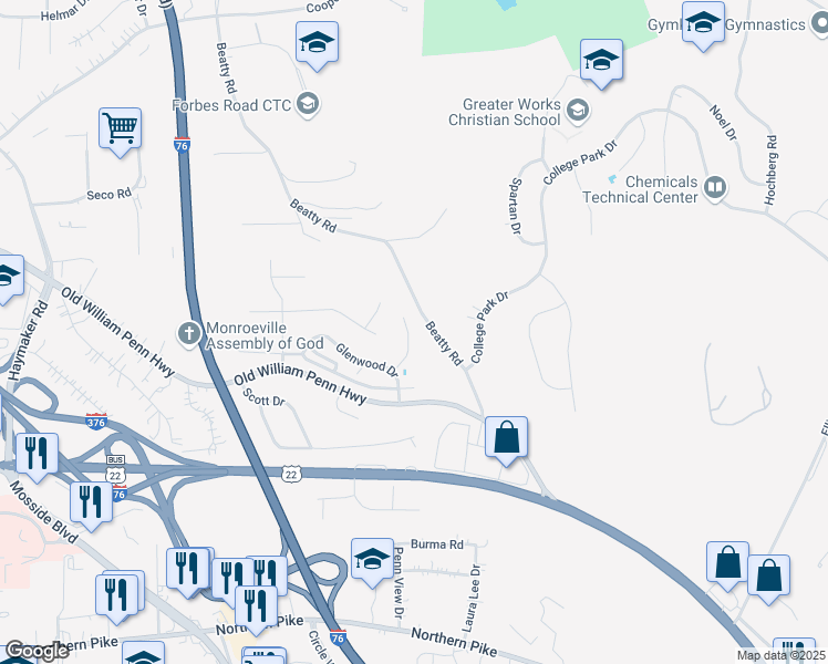 map of restaurants, bars, coffee shops, grocery stores, and more near 474 Cannongate Drive in Monroeville