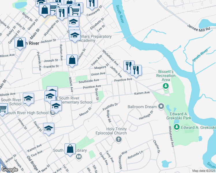 map of restaurants, bars, coffee shops, grocery stores, and more near 62 Prentice Avenue in South River