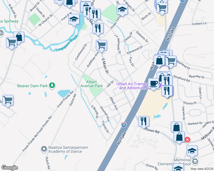 map of restaurants, bars, coffee shops, grocery stores, and more near 88 George Street in Milltown