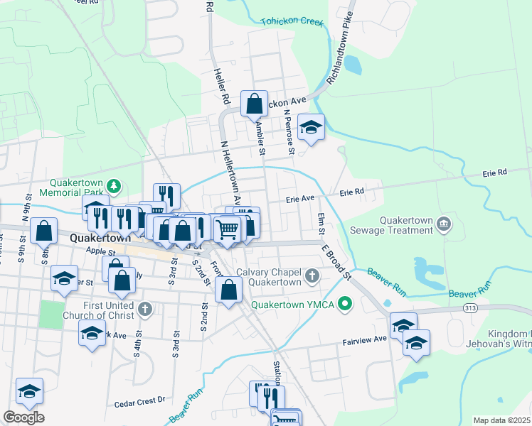 map of restaurants, bars, coffee shops, grocery stores, and more near 34 North Ambler Street in Quakertown