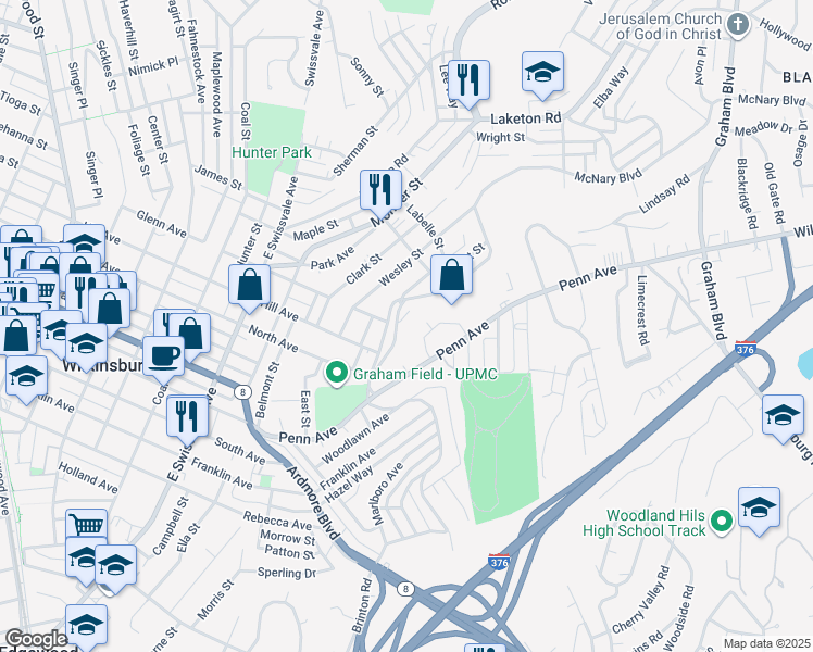 map of restaurants, bars, coffee shops, grocery stores, and more near 1510 Princeton Boulevard in Pittsburgh