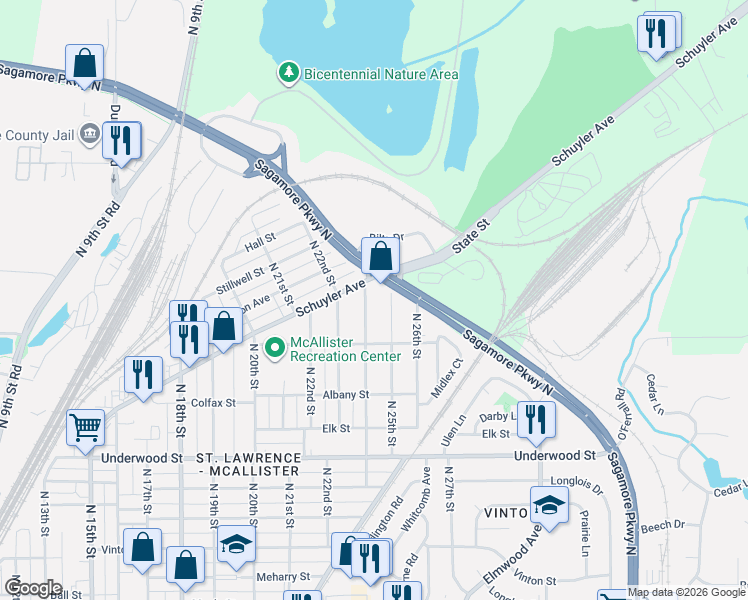 map of restaurants, bars, coffee shops, grocery stores, and more near 2381 North 24th Street in Lafayette