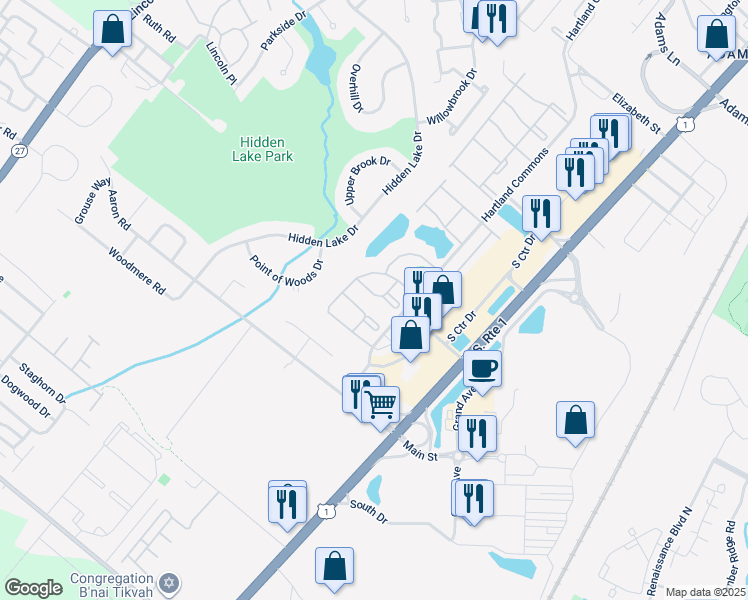 map of restaurants, bars, coffee shops, grocery stores, and more near 270 Kempsey Drive in North Brunswick Township