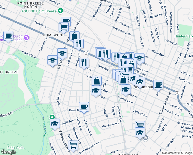 map of restaurants, bars, coffee shops, grocery stores, and more near 419 Franklin Avenue in Pittsburgh
