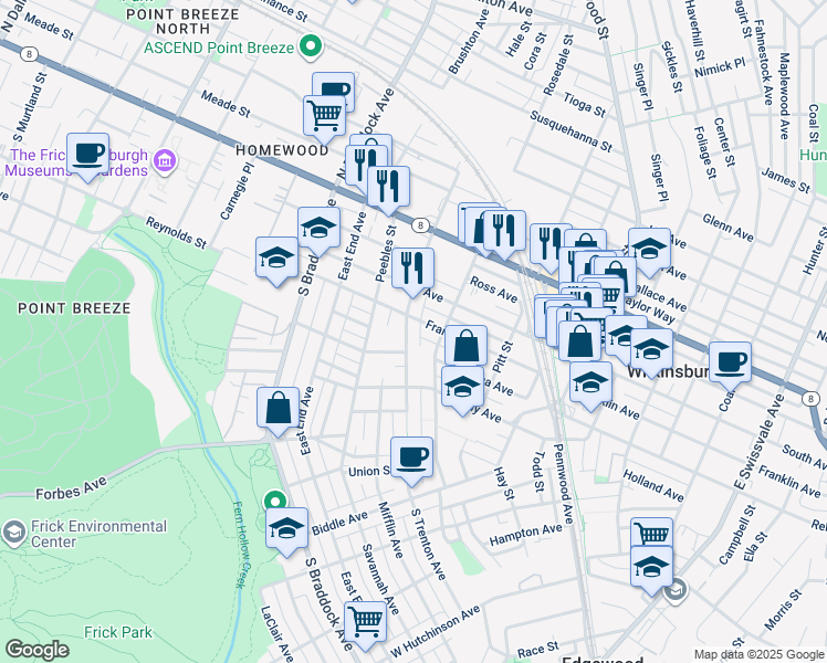 map of restaurants, bars, coffee shops, grocery stores, and more near 318 Franklin Avenue in Pittsburgh