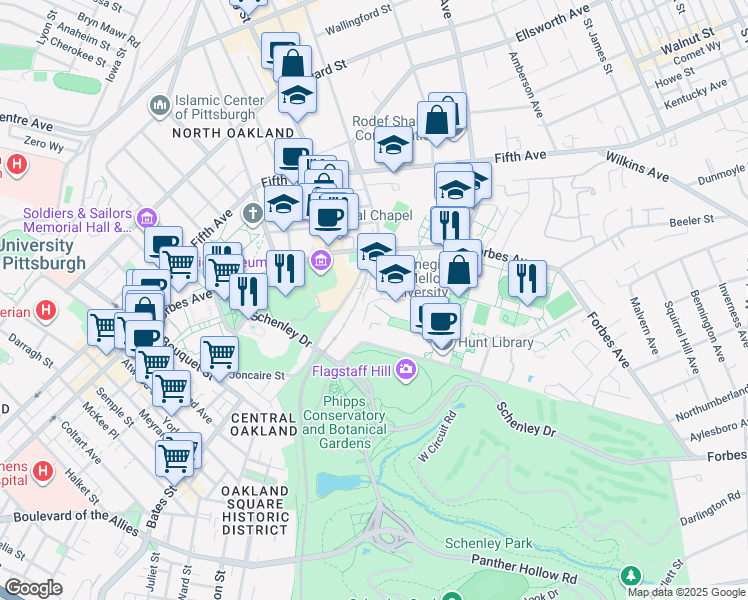 map of restaurants, bars, coffee shops, grocery stores, and more near 5000 Forbes Avenue in Pittsburgh
