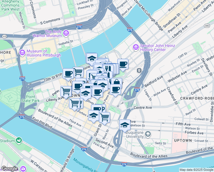 map of restaurants, bars, coffee shops, grocery stores, and more near in Pittsburgh
