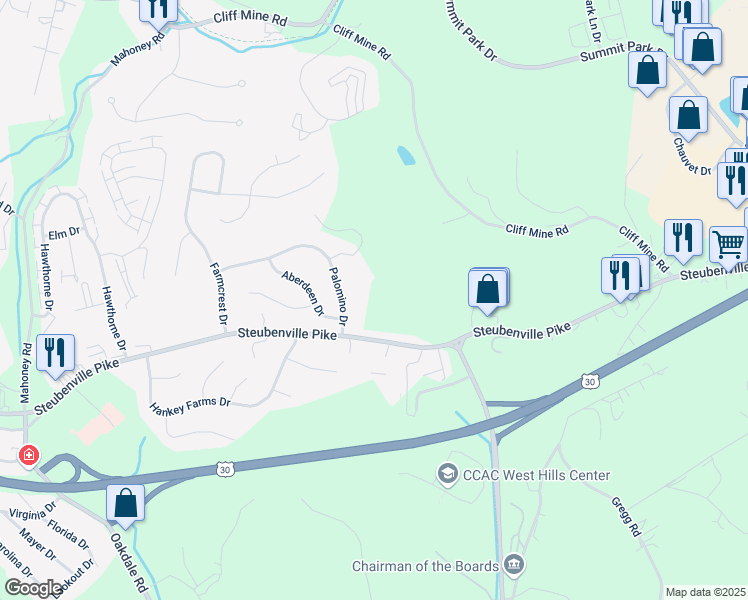 map of restaurants, bars, coffee shops, grocery stores, and more near 206 Palomino Drive in Oakdale