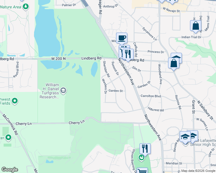 map of restaurants, bars, coffee shops, grocery stores, and more near 1299 Oakhurst Drive in West Lafayette