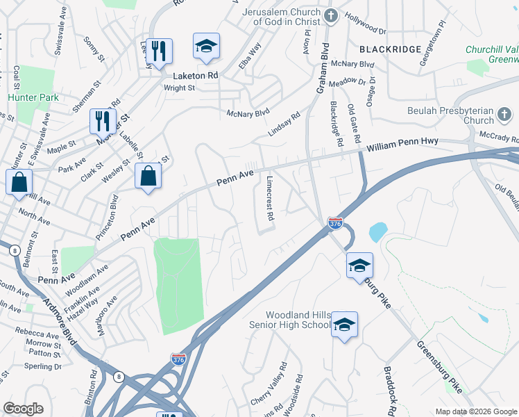 map of restaurants, bars, coffee shops, grocery stores, and more near 916 William Penn Court in Pittsburgh