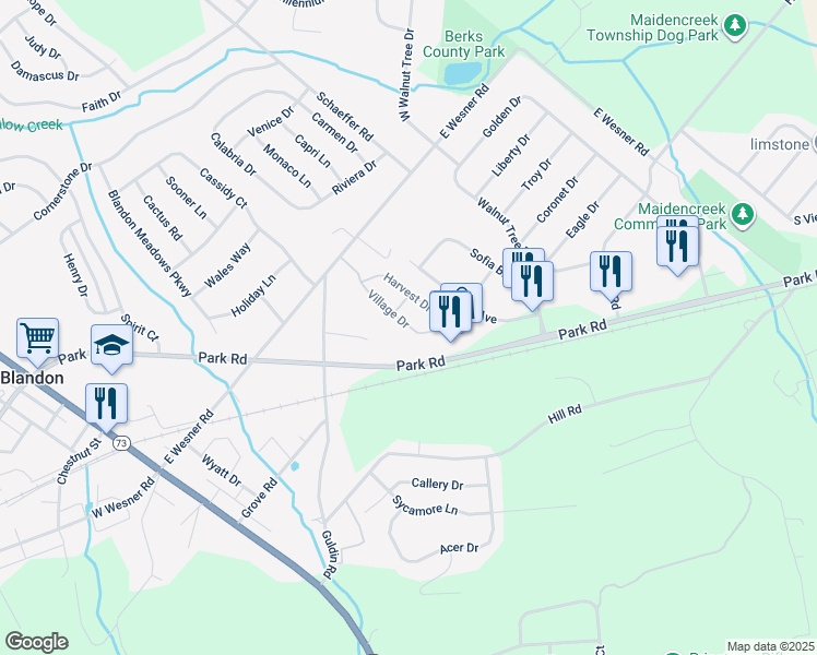 map of restaurants, bars, coffee shops, grocery stores, and more near 200 Village Drive in Blandon