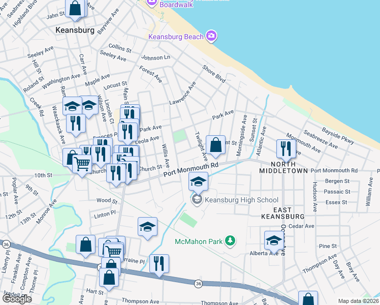 map of restaurants, bars, coffee shops, grocery stores, and more near 24 Crescent Street in Keansburg