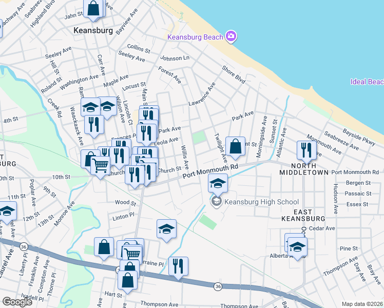 map of restaurants, bars, coffee shops, grocery stores, and more near 3 Crescent Street in Keansburg