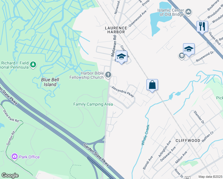 map of restaurants, bars, coffee shops, grocery stores, and more near 8 Linda Court in South Amboy