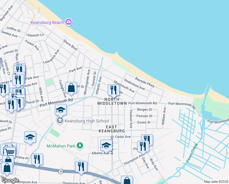 map of restaurants, bars, coffee shops, grocery stores, and more near 49 Ocean Avenue in Middletown Township