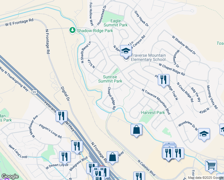 map of restaurants, bars, coffee shops, grocery stores, and more near 4493 North Briarwood Lane in Lehi
