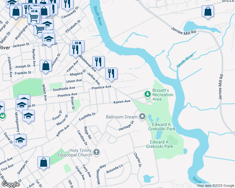 map of restaurants, bars, coffee shops, grocery stores, and more near 12 Robert Street in South River