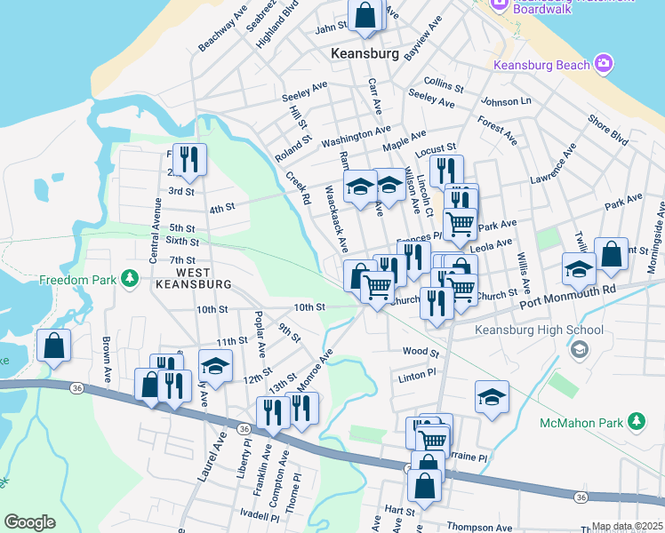 map of restaurants, bars, coffee shops, grocery stores, and more near 235 Creek Road in Keansburg
