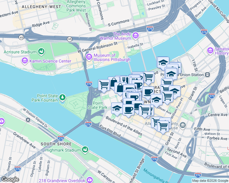 map of restaurants, bars, coffee shops, grocery stores, and more near 420 Fort Duquesne Boulevard in Pittsburgh