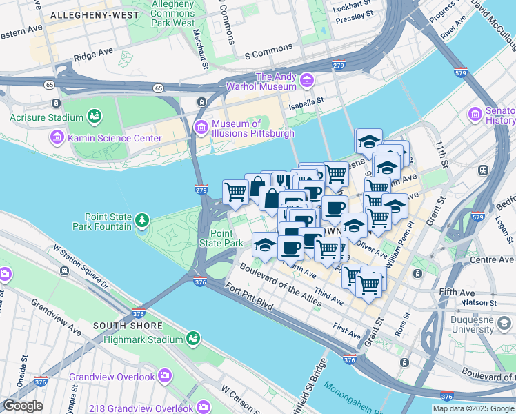 map of restaurants, bars, coffee shops, grocery stores, and more near 420 Fort Duquesne Boulevard in Pittsburgh