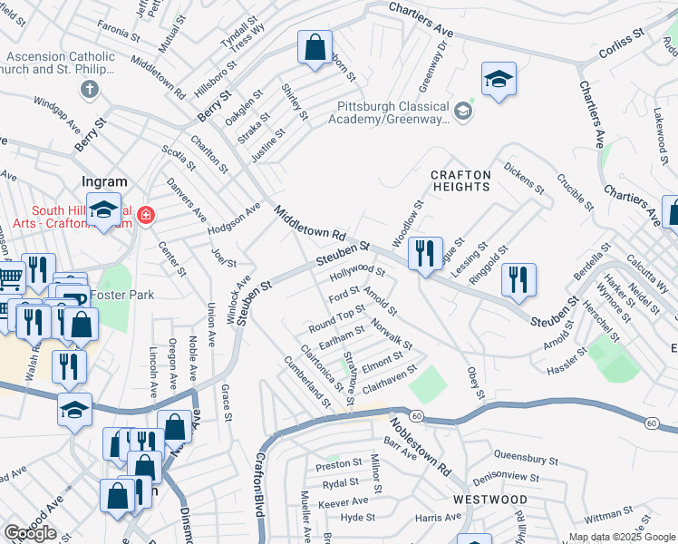 map of restaurants, bars, coffee shops, grocery stores, and more near 1242 Hollywood St in Pittsburgh