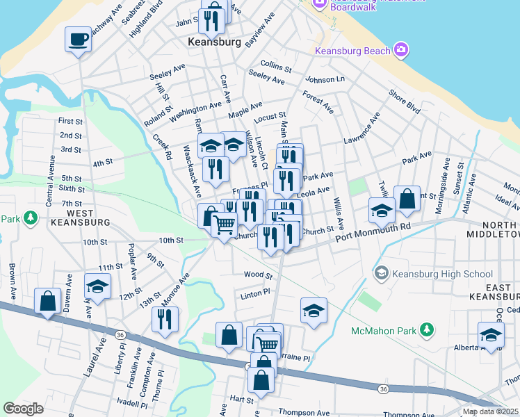 map of restaurants, bars, coffee shops, grocery stores, and more near 348 Carr Avenue in Keansburg