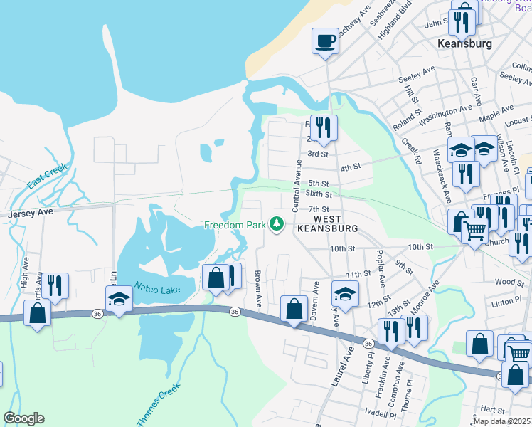 map of restaurants, bars, coffee shops, grocery stores, and more near 198 South Park Avenue in Keansburg