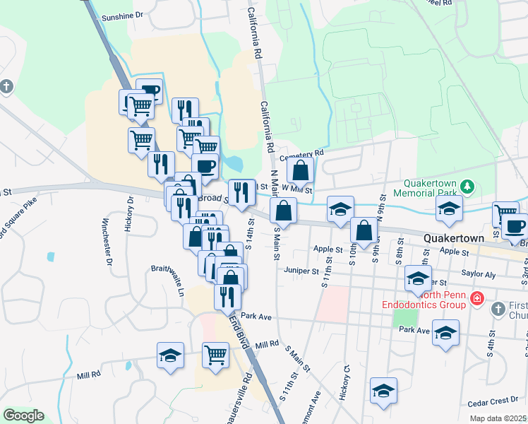 map of restaurants, bars, coffee shops, grocery stores, and more near 1317 West Broad Street in Quakertown