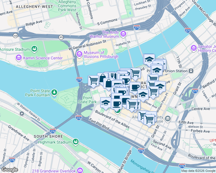 map of restaurants, bars, coffee shops, grocery stores, and more near 420 Fort Duquesne Boulevard in Pittsburgh
