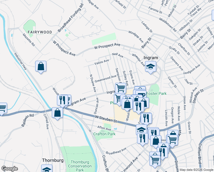 map of restaurants, bars, coffee shops, grocery stores, and more near 36 Cobb Avenue in Pittsburgh