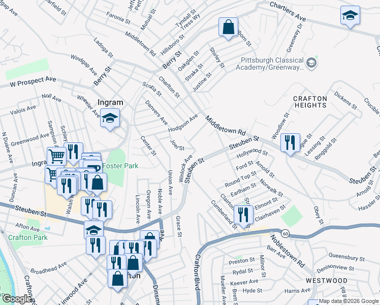 map of restaurants, bars, coffee shops, grocery stores, and more near 51 Winlock Avenue in Pittsburgh